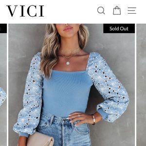 VICI Christine Embroidered Balloon Sleeve Top - Light Blue